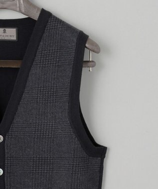 GOTAIRIKU 体温調整に【洗える/チクチクしにくい/ピリングしにくい】イタリア糸 ハイゲージ ベスト_WOOL100% ブラック×グレー細チェック