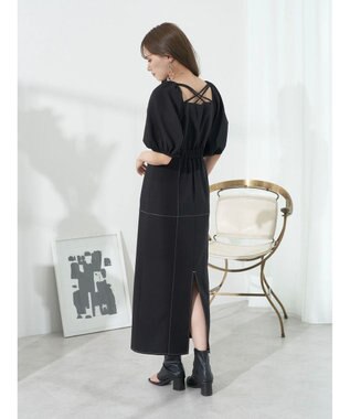 earth music&ecology 配色ステッチパフスリーブワンピース Black