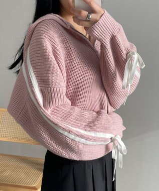 WEGO ラインリボンダブルジップニットパーカー ピンク