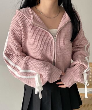 WEGO ラインリボンダブルジップニットパーカー ピンク