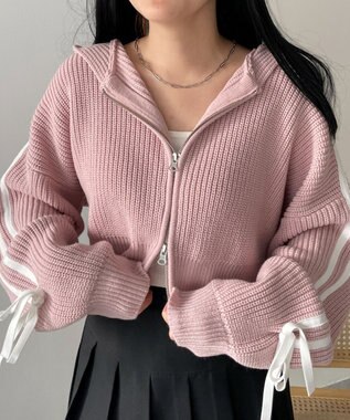 WEGO ラインリボンダブルジップニットパーカー ピンク