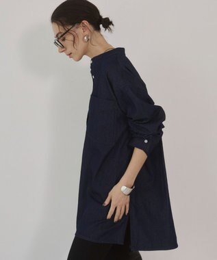 WEGO 【ANGIE VINTAGE】襟が選べる デニム チュニック シャツ （バンドカラー/レギュラーカラー） ネイビー