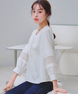 Tiaclasse L 【洗える】袖レースはさみこみシャツ オフホワイト