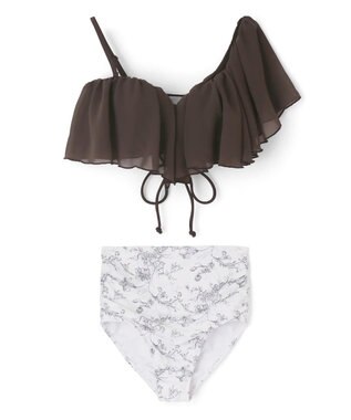 San-ai Resort（三愛水着楽園） 【2025年新作】軽い着け心地でしっかり盛れる【楽盛り水着】　ワンショルフリルワイヤービキニ　9M【San-ai Resort（サンアイリゾート）】 ブラウン×ホワイト