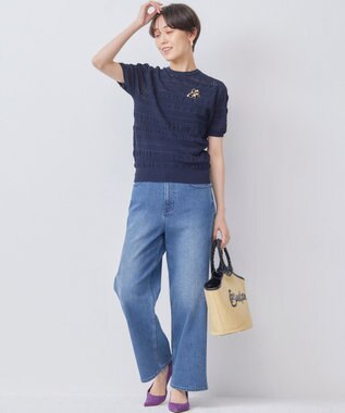 組曲 【WEB限定カラーあり】コットンポリエステル 編み柄カーディガン ネイビー系