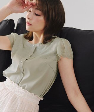 Tiaclasse L 【洗える】フレンチスリーブレースブラウス ミント