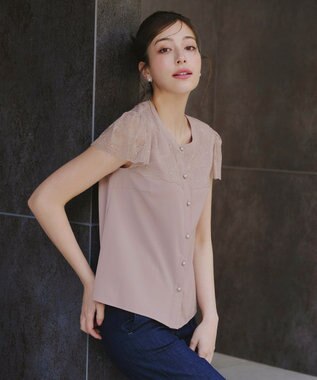 Tiaclasse L 【洗える】フレンチスリーブレースブラウス グレージュ