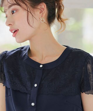 Tiaclasse L 【洗える】フレンチスリーブレースブラウス ネイビー