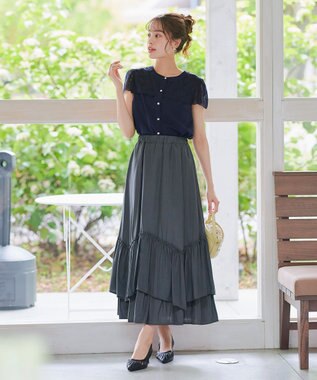 Tiaclasse L 【洗える】フレンチスリーブレースブラウス ネイビー