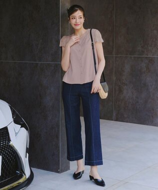 Tiaclasse L 【洗える】フレンチスリーブレースブラウス グレージュ