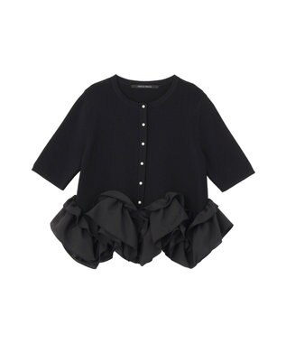 YECCA VECCA パール釦ラッフル5分袖カーディガン Black