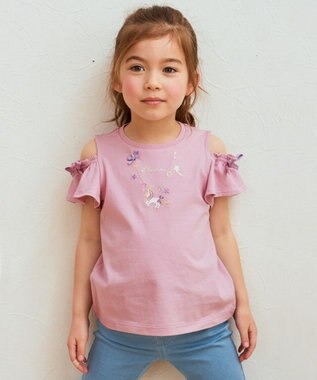 ANY KIDS 刺繍 オン・オフショルダー Tシャツ ピンク