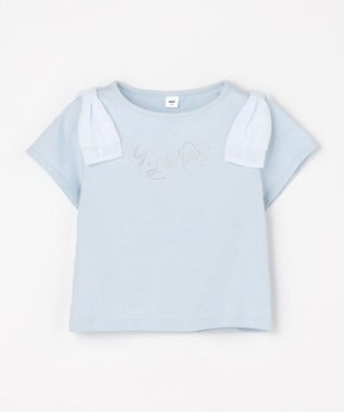 ANY KIDS 【綿100%】肩リボン×ラインストーンロゴ 半袖Tシャツ サックスブルー