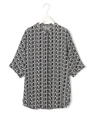 ICB L 【人気のため新色追加・接触冷感・UVケア・速乾・洗える】BackSatinAmunzen 5分袖バンドカラーブラウス ブラック×オフホワイト柄系