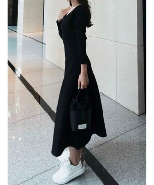 Green Parks フレアニットワンピース Black