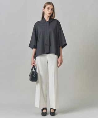 ICB L 【洗える】T/Wブロード ボウタイブラウス チャコール系