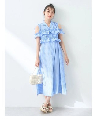 earth music&ecology ＳＥＴ２点シャーリングビスチェ×シャツワンピース Stripe Blue