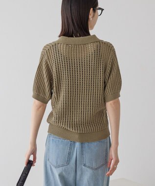 AMERICAN HOLIC 衿付きメッシュ編み半袖ニットプルオーバー Olive