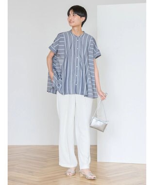 AMERICAN HOLIC 接触冷感フレンチスリーブ切り替えフレアブラウス Stripe Navy