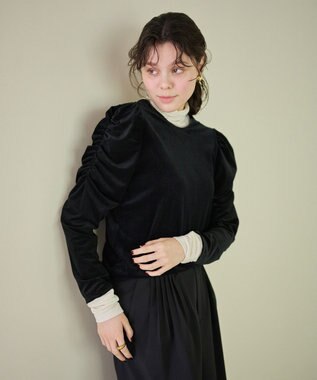 #Newans 【洗濯機可／ 前後着用可】 ギャザースリーブシアーベロアカーディガン ブラック