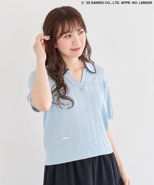 Green Parks チャーミーキティ／衿付き半袖ケーブルニット Light Blue