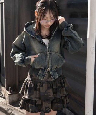 WEGO デニムショートフードブルゾン デニム中濃加工色