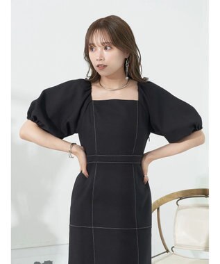 earth music&ecology 配色ステッチパフスリーブワンピース Black