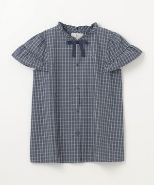 組曲 KIDS 【150-160㎝】チェックラッフル ブラウス ブルーグレー系3