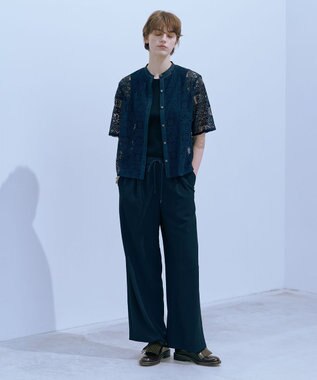 J.PRESS LADIES 【洗える】モザイクレース ハーフスリーブ ブラウス ネイビー系