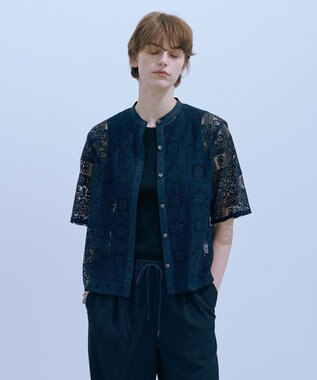  【洗える】モザイクレース ハーフスリーブ ブラウス