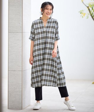 ANY L フレンチリネンシャツワンピース ブラウンチェック
