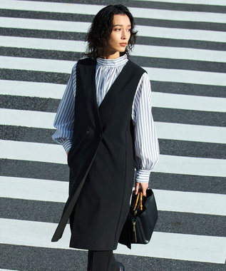 UNFILO イージーケア ギャザーブラウス ブラックストライプ