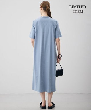 ICB L 【先行予約・WEB限定・丈が選べる】ナチュラルストレッチタフタ 5分袖ワンピース サックスグレー