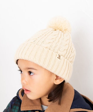MIKI HOUSE HOT BISCUITS 【46-56cm】 ぼん天付きケーブル編みニット帽子 アイボリー