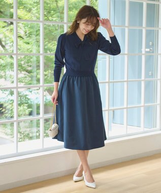 Feroux 【洗える】ニットドッキング ボウタイワンピース ネイビー系