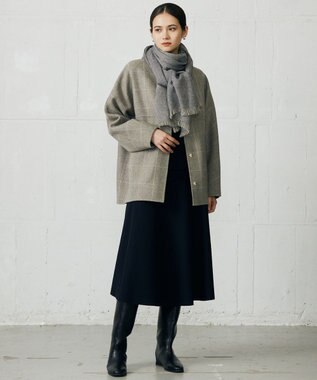 自由区 L 【17号サイズまで展開・カタログ掲載】ウールリバーチェック柄ノーカラー コート モカチェック