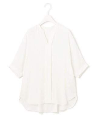 ICB 【新色追加・接触冷感・UVケア・速乾・洗える】BackSatinAmunzen  5分袖 キーネックブラウス オフホワイト系