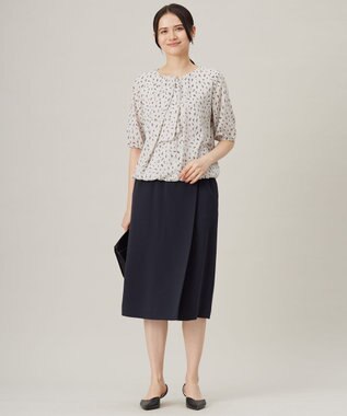 自由区 S 【洗える】ロイヤルシフォンドレープタイ半袖 ブラウス ベージュプリント