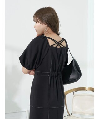 earth music&ecology 配色ステッチパフスリーブワンピース Black