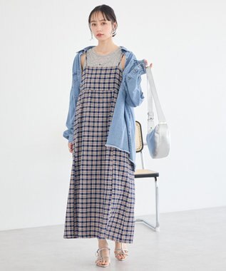 earth music&ecology シャーリングラメチェックキャミワンピース Navy