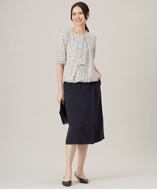 自由区 S 【洗える】ロイヤルシフォンドレープタイ半袖 ブラウス ベージュプリント