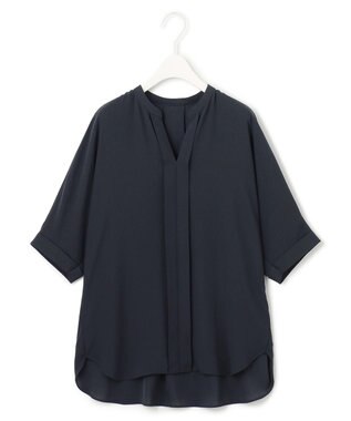 ICB 【新色追加・接触冷感・UVケア・速乾・洗える】BackSatinAmunzen  5分袖 キーネックブラウス ネイビー系