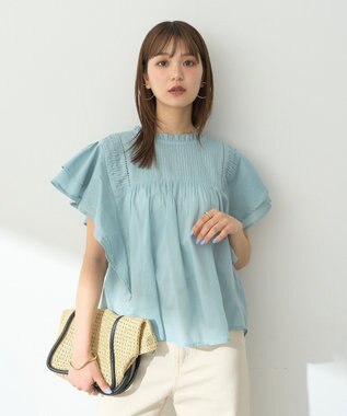 earth music&ecology フリルピンタック半袖ブラウス Blue