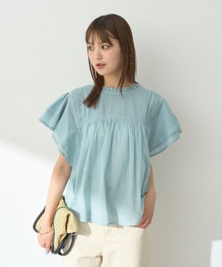 earth music&ecology フリルピンタック半袖ブラウス Blue