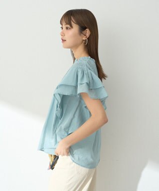 earth music&ecology フリルピンタック半袖ブラウス Blue