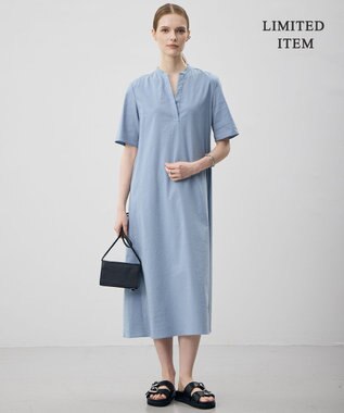 ICB L 【先行予約・WEB限定・丈が選べる】ナチュラルストレッチタフタ 5分袖ワンピース サックスグレー