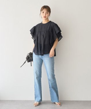 earth music&ecology フリルピンタック半袖ブラウス Black