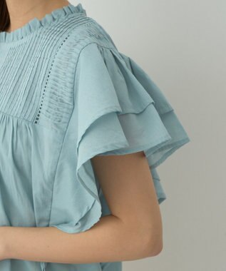 earth music&ecology フリルピンタック半袖ブラウス Blue