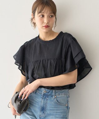 earth music&ecology フリルピンタック半袖ブラウス Black