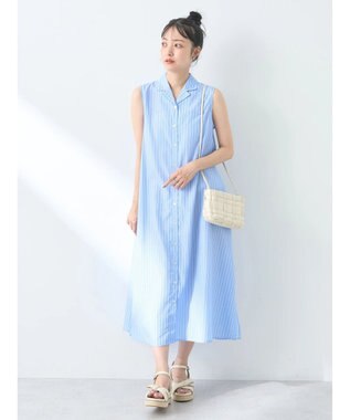 earth music&ecology ＳＥＴ２点シャーリングビスチェ×シャツワンピース Stripe Blue
